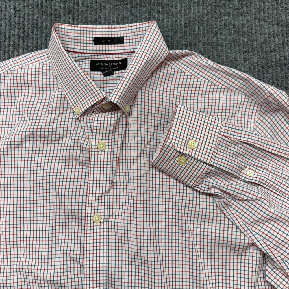 Banana Republic Tech Stretch Shirt Mens L Slim Fitโ Red Blue Plaid Button Down
